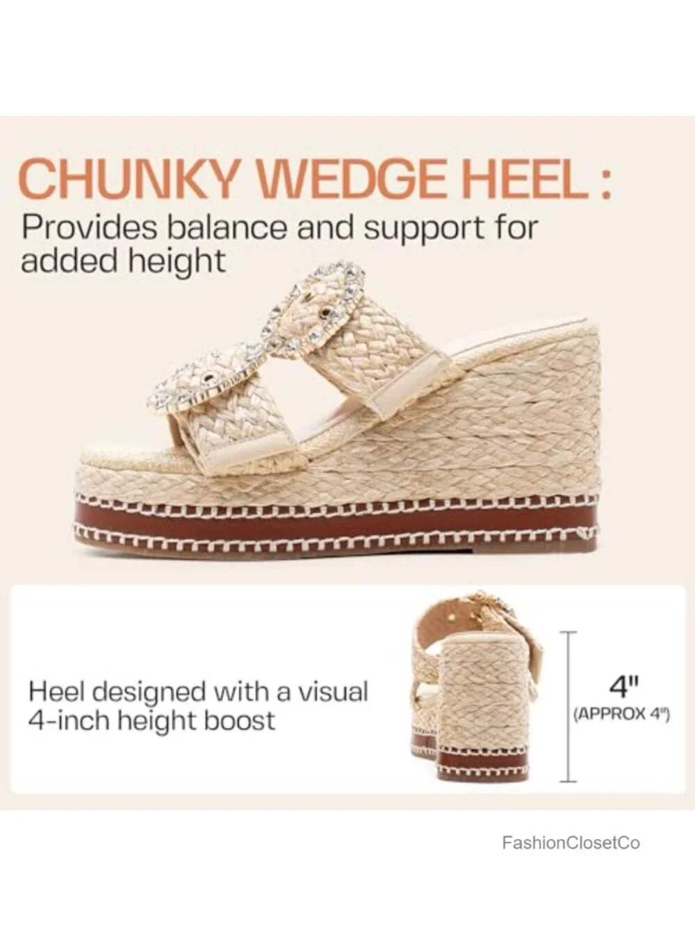 Woven Raffia Platform Wedge Sandals Espadrille Heels Square Open Toe Rhinestone